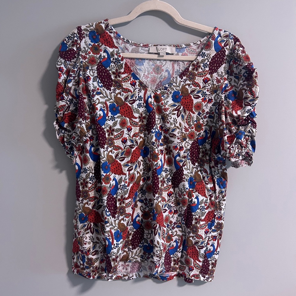 LOFT Women's Floral Puff Sleeve Blouse - Red, Blue, Brown